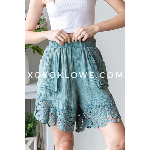Oli & Hali Teal Washed Cotton Lace Bottom Elastic Waist Short - Picture 13 of 14